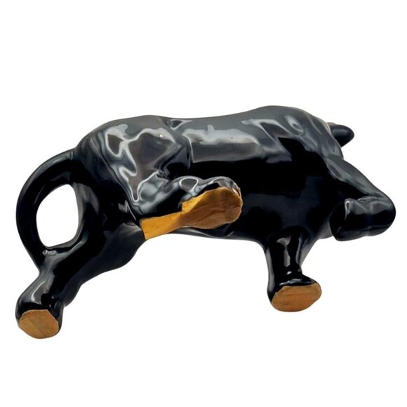 Vintage Black Ceramic Bull Planter Mid-Century Modern Gold Accents 1950s - Picture 6 of 9